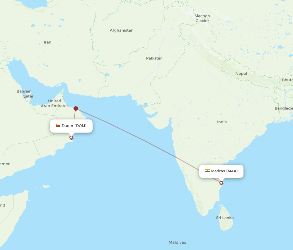 Duqm - Chennai route map and flight paths