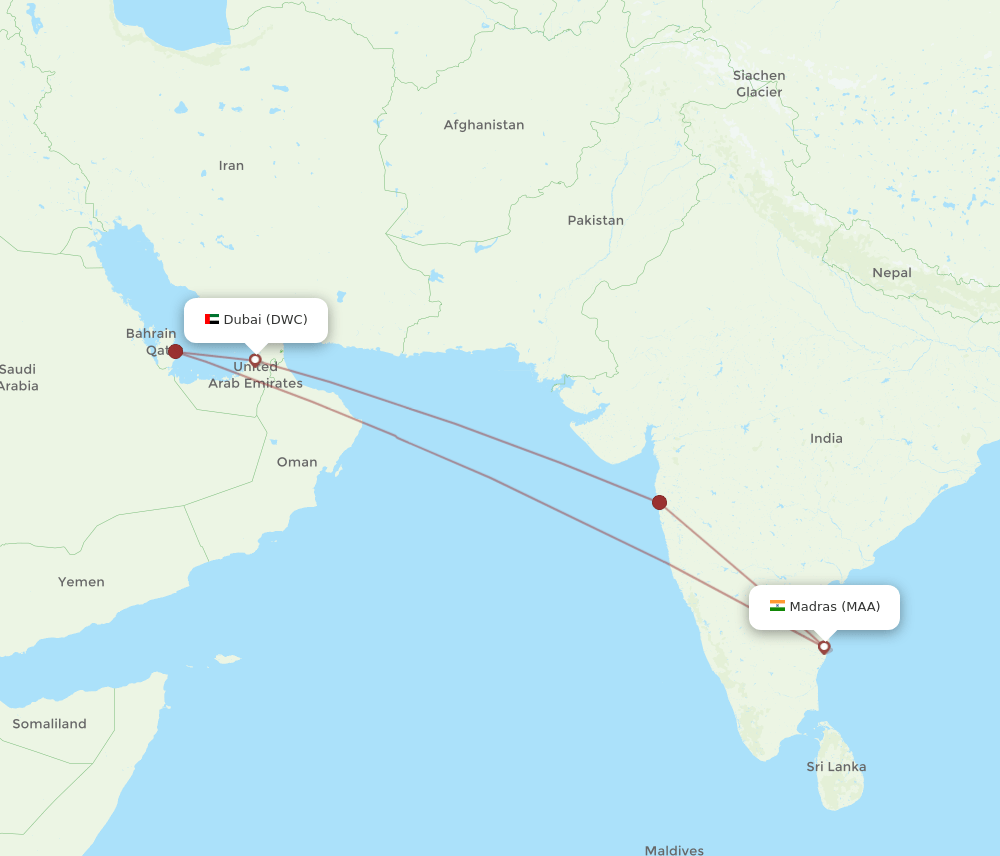 Chennai - Dubai route map and flight paths