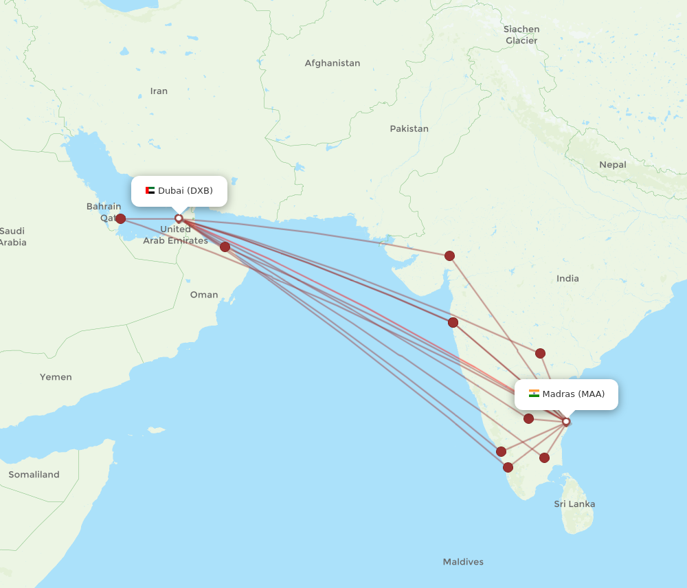 MAA to DXB flights and routes map