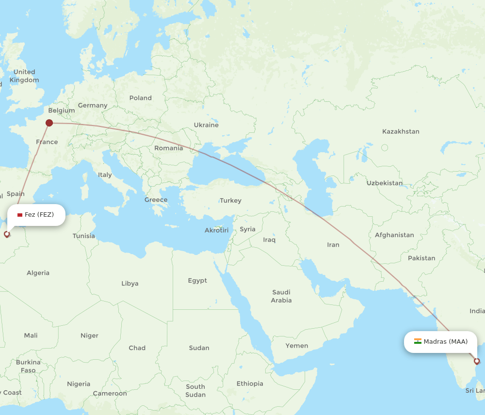 MAA to FEZ flights and routes map