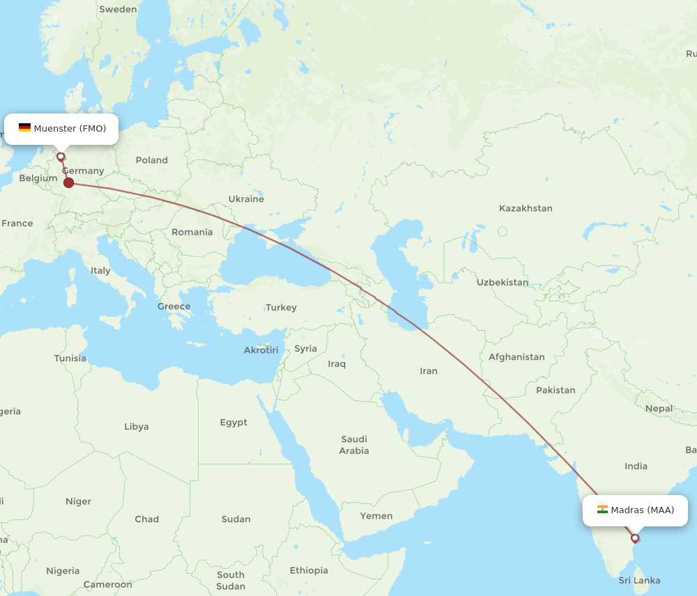 Chennai - Muenster route map and flight paths