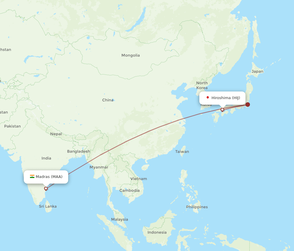 Hiroshima - Chennai route map and flight paths