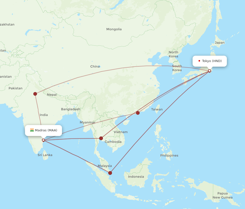 MAA-HND flight routes
