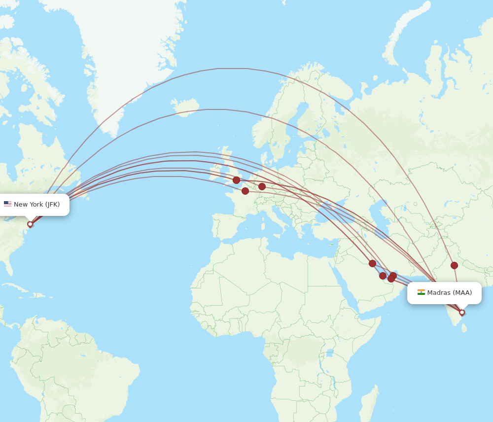 MAA to JFK flights and routes map