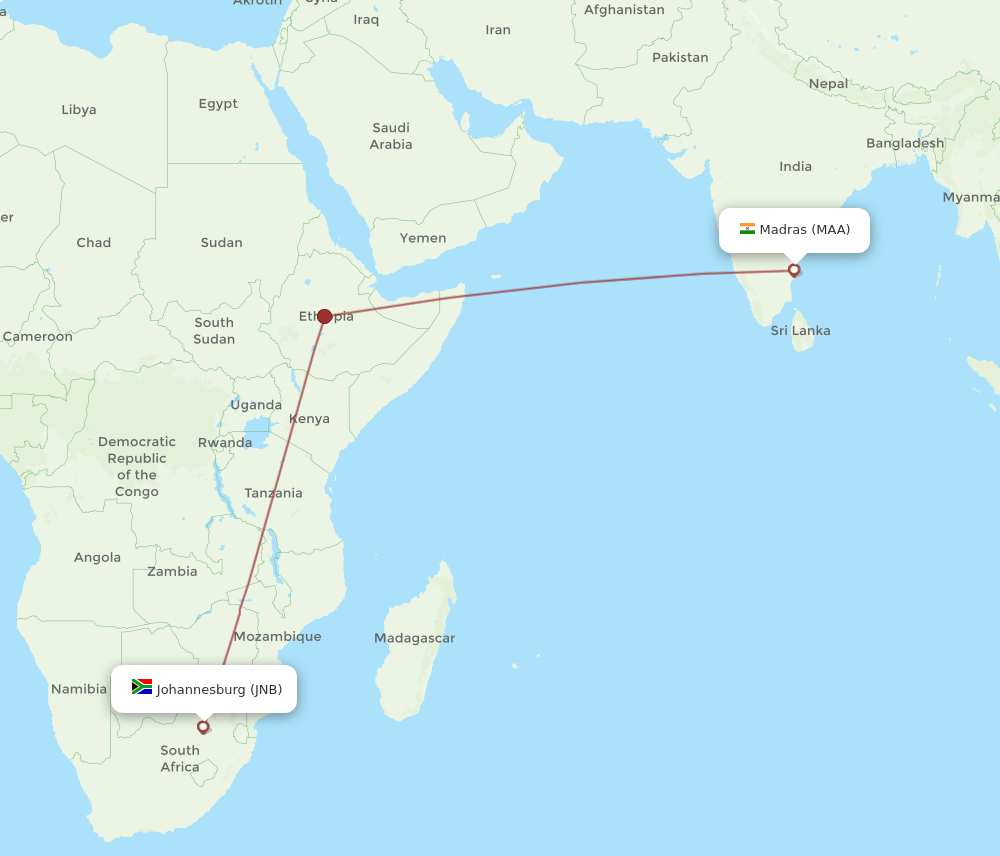 MAA to JNB flights and routes map