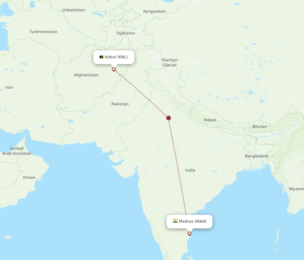 Chennai - Kabul route map and flight paths