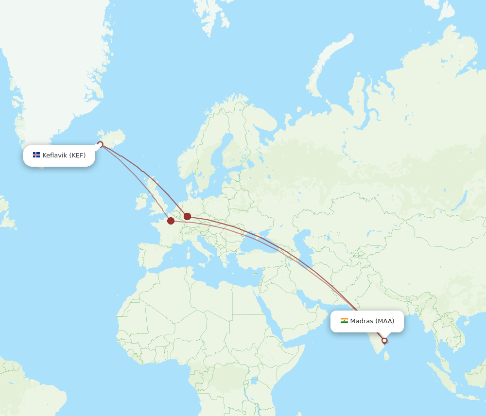 MAA to KEF flights and routes map