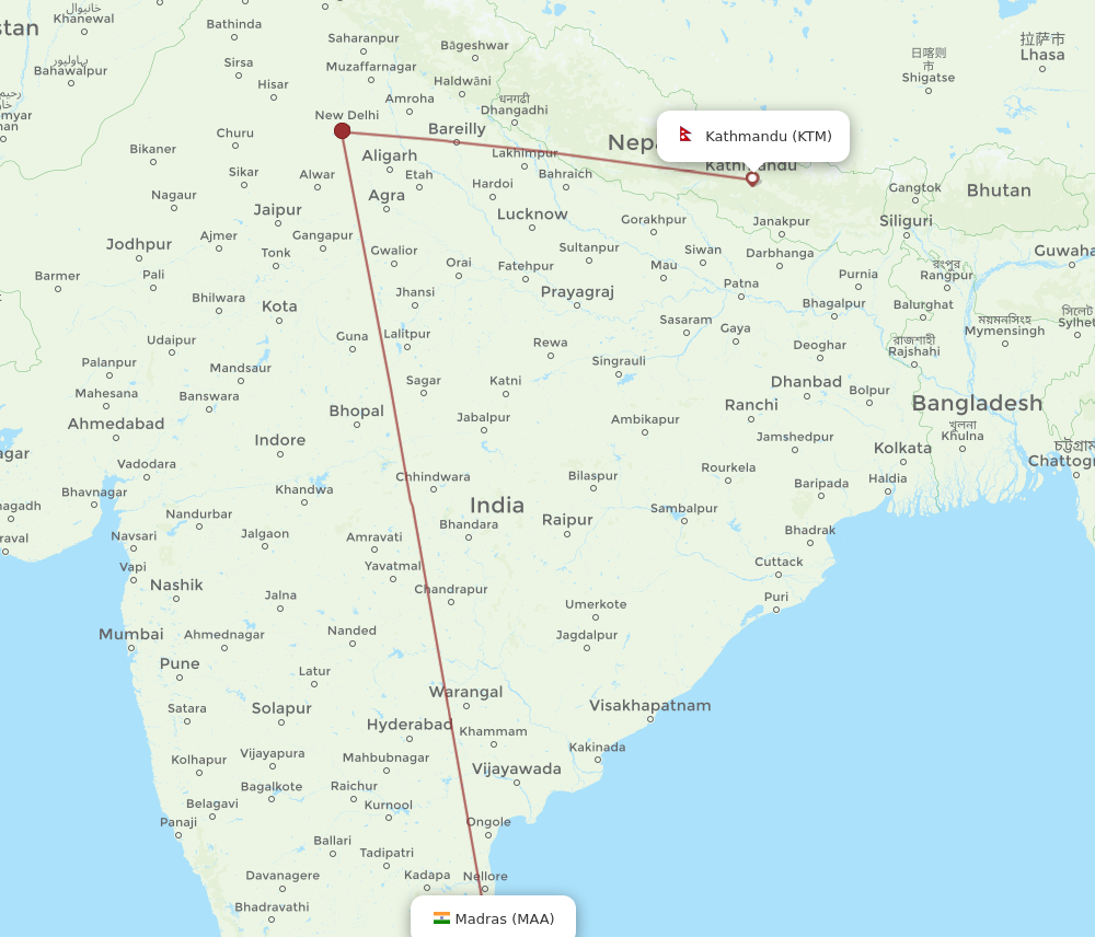 MAA to KTM flights and routes map