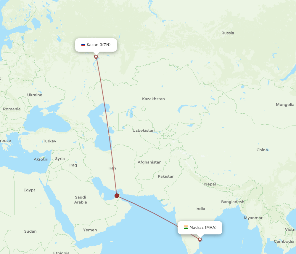 Chennai - Kazan route map and flight paths