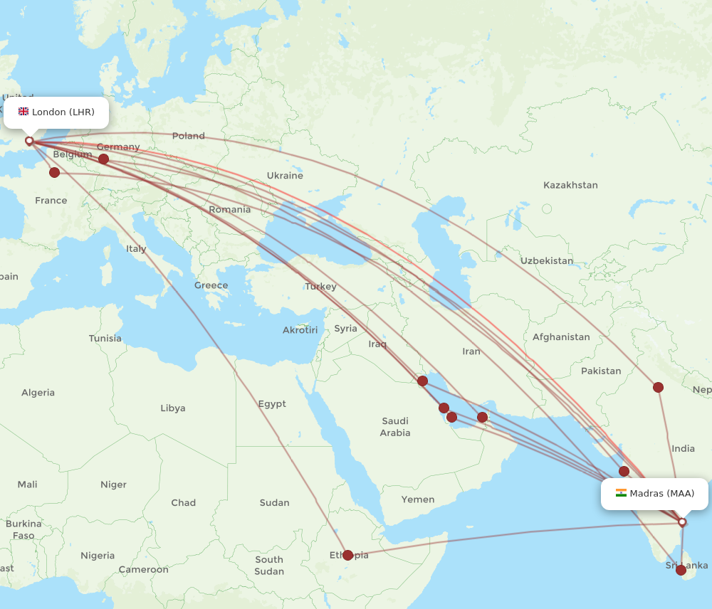 MAA to LHR flights and routes map