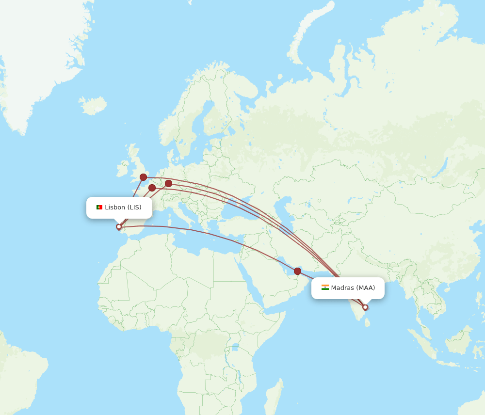 MAA to LIS flights and routes map