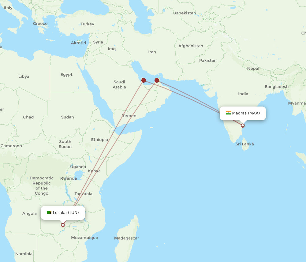 MAA-LUN flight routes
