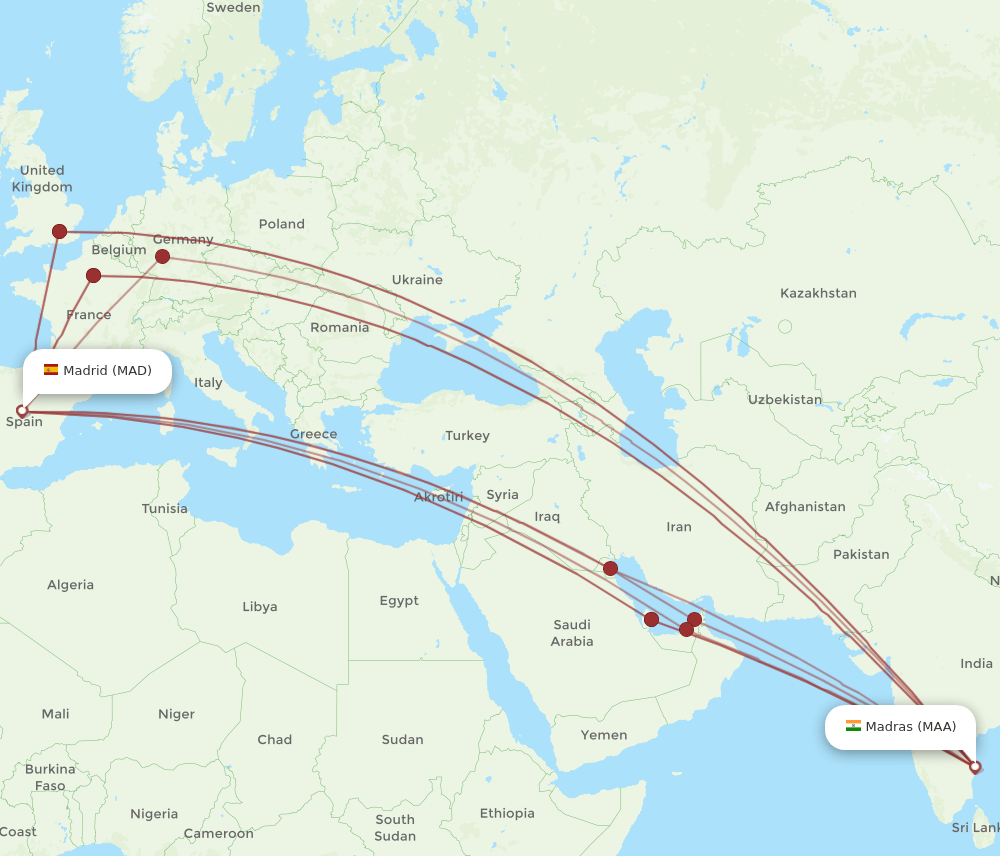 MAA to MAD flights and routes map