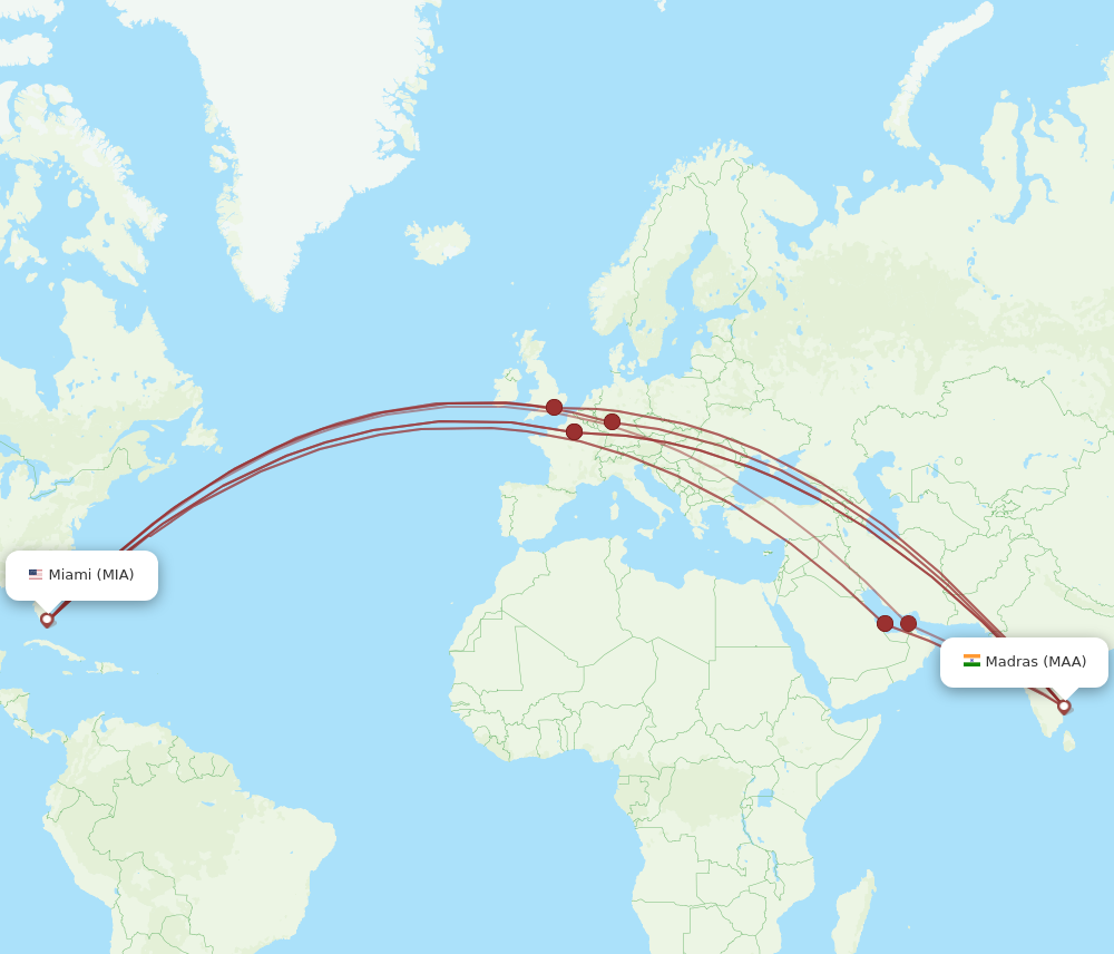 MAA to MIA flights and routes map