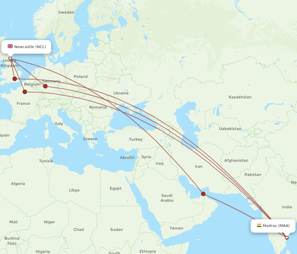 MAA to NCL flights and routes map