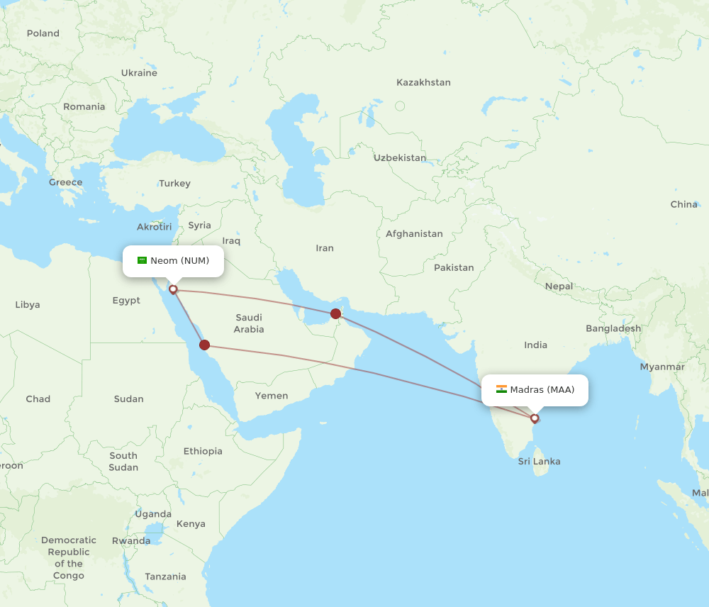 MAA to NUM flights and routes map