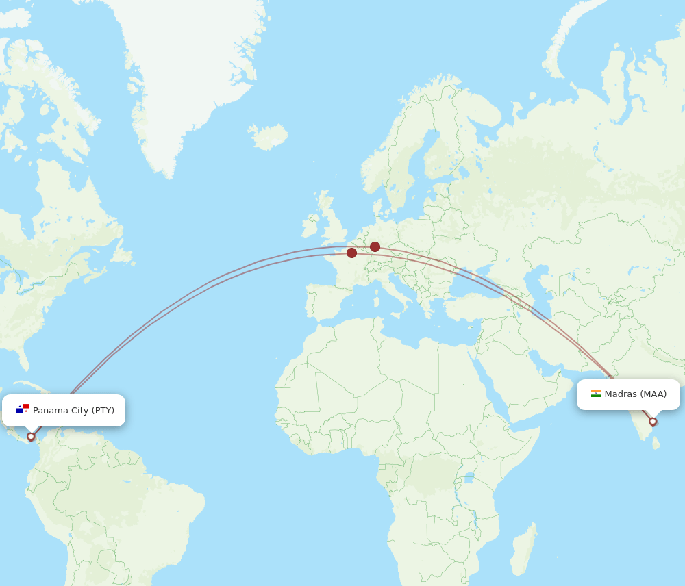 Panama City - Chennai route map and flight paths