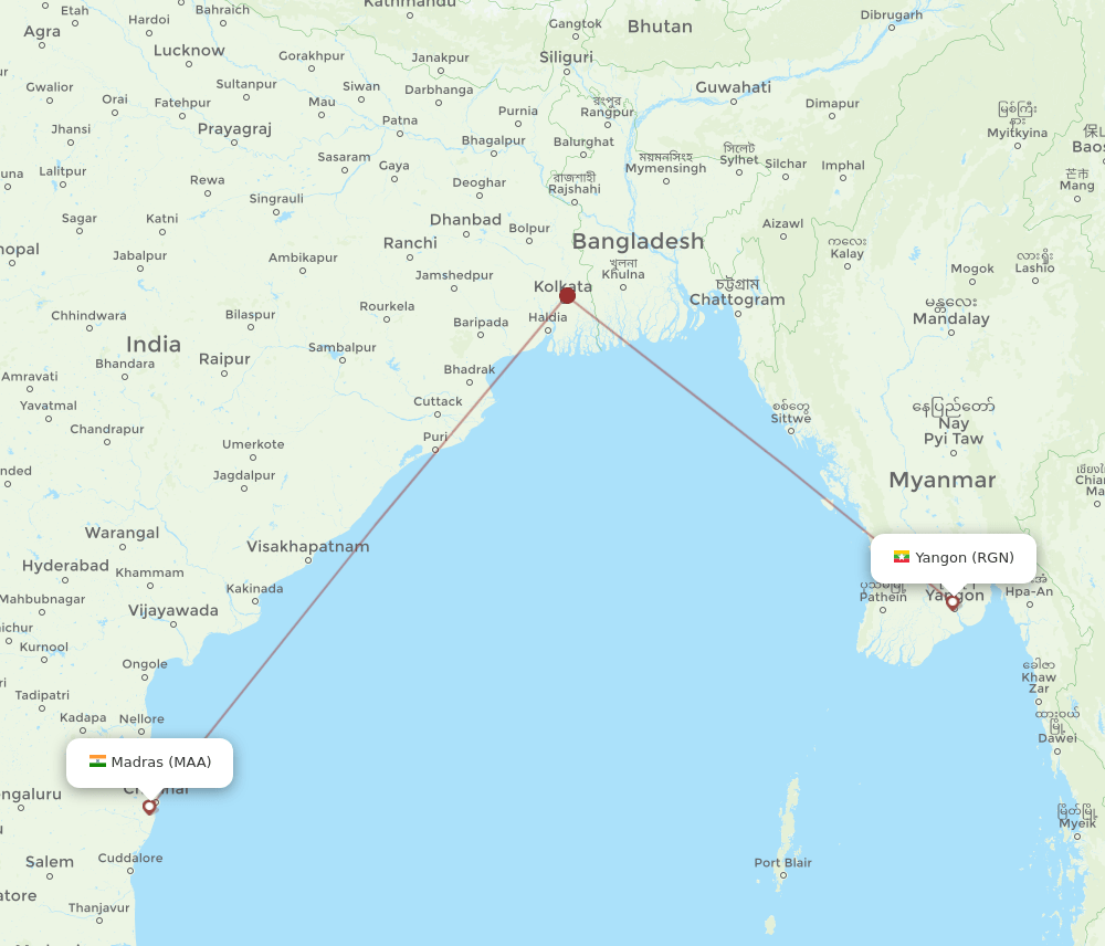 Chennai - Yangon route map and flight paths