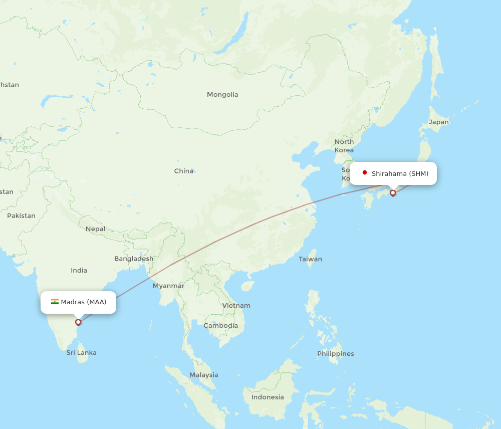 Chennai - Shirahama route map and flight paths
