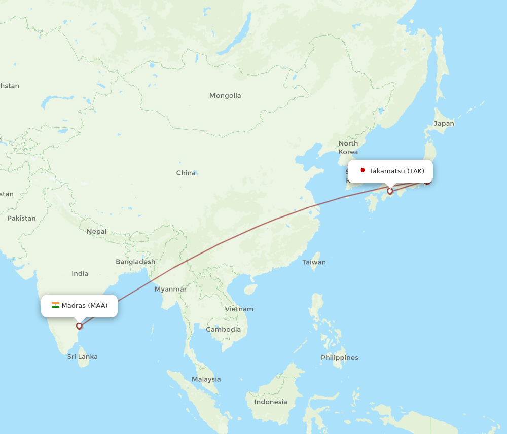 Chennai - Takamatsu route map and flight paths