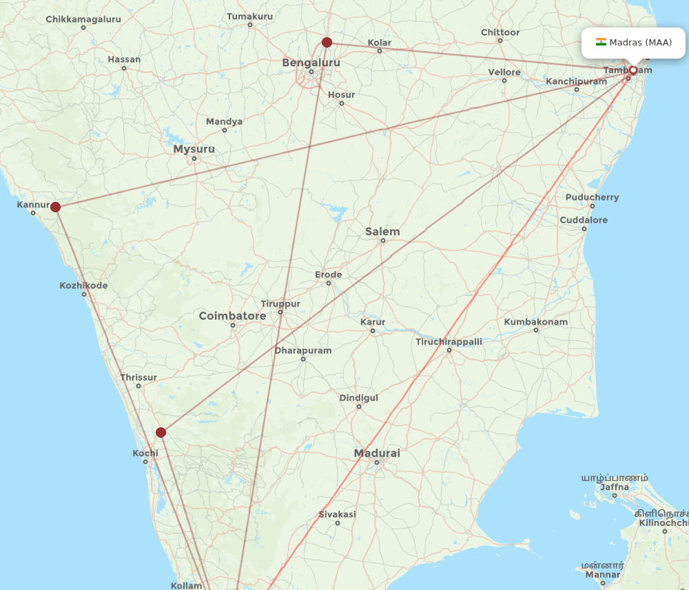MAA to TRV flights and routes map