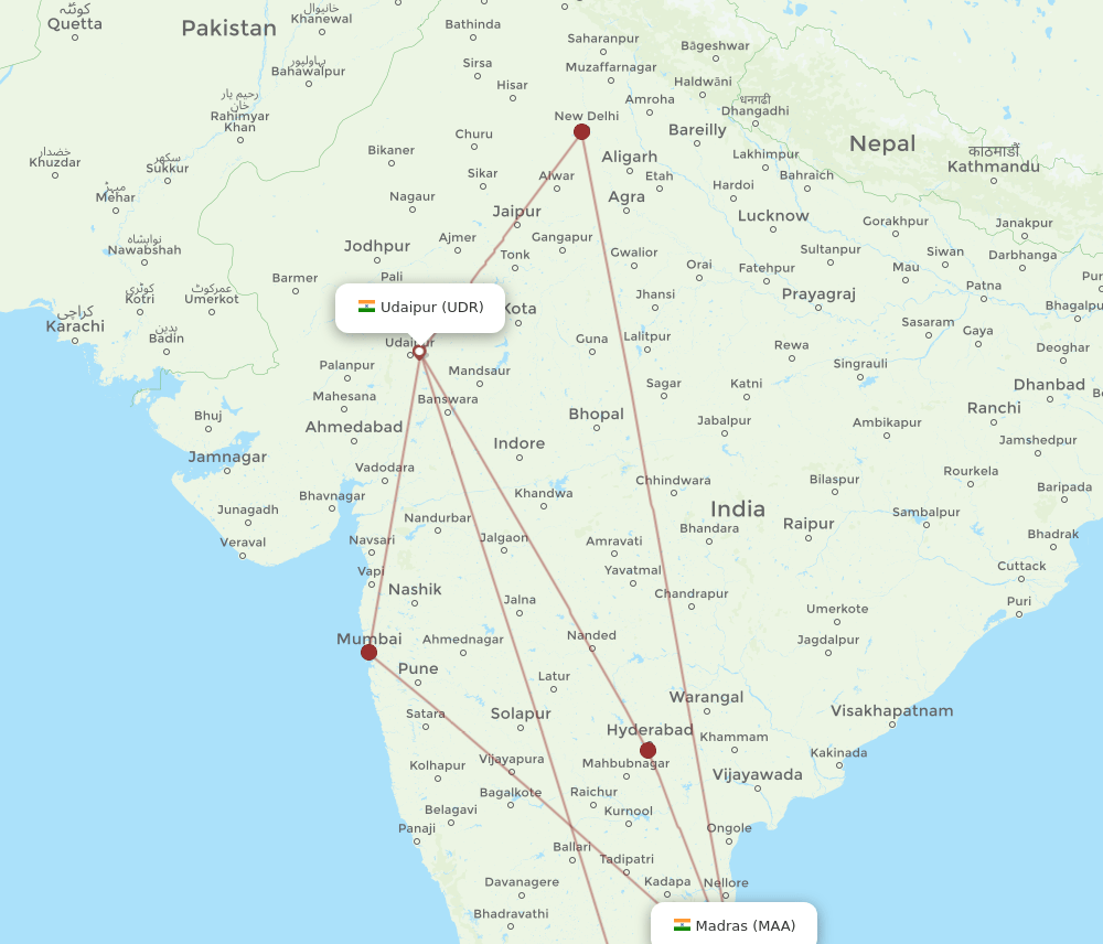 MAA to UDR flights and routes map