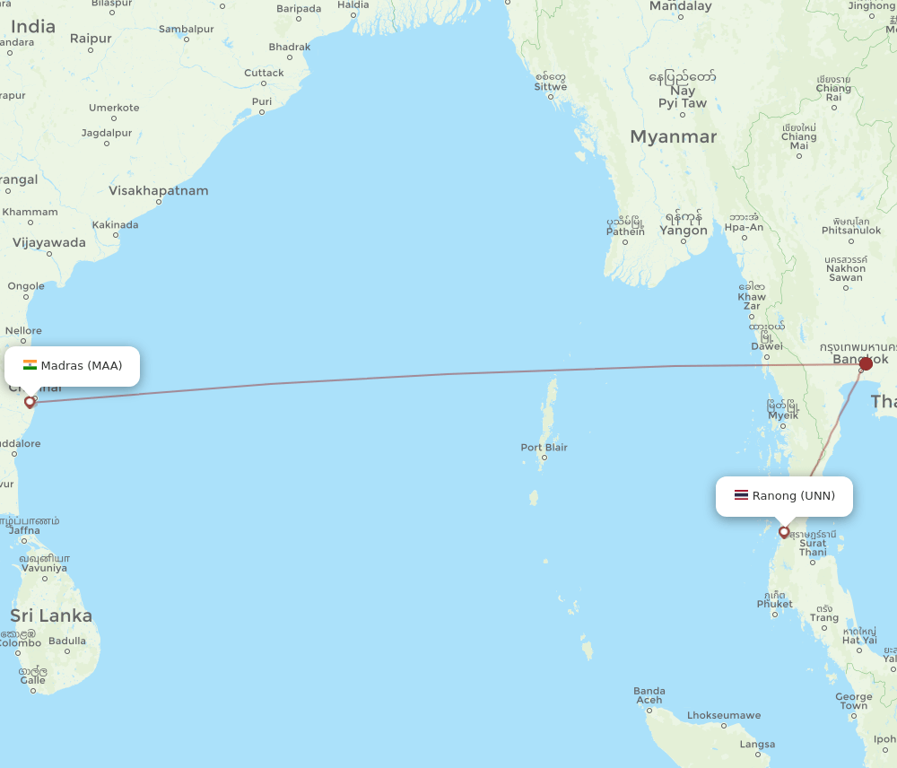 Ranong - Chennai route map and flight paths