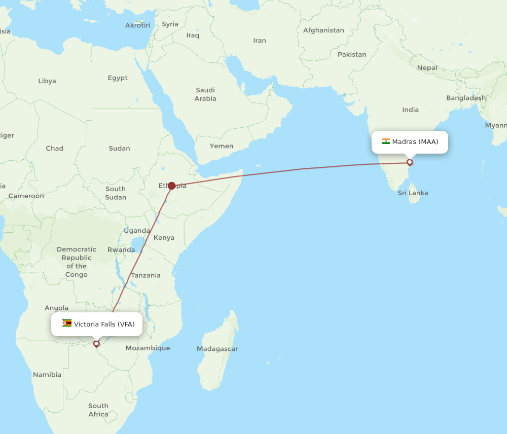 Victoria Falls - Chennai route map and flight paths
