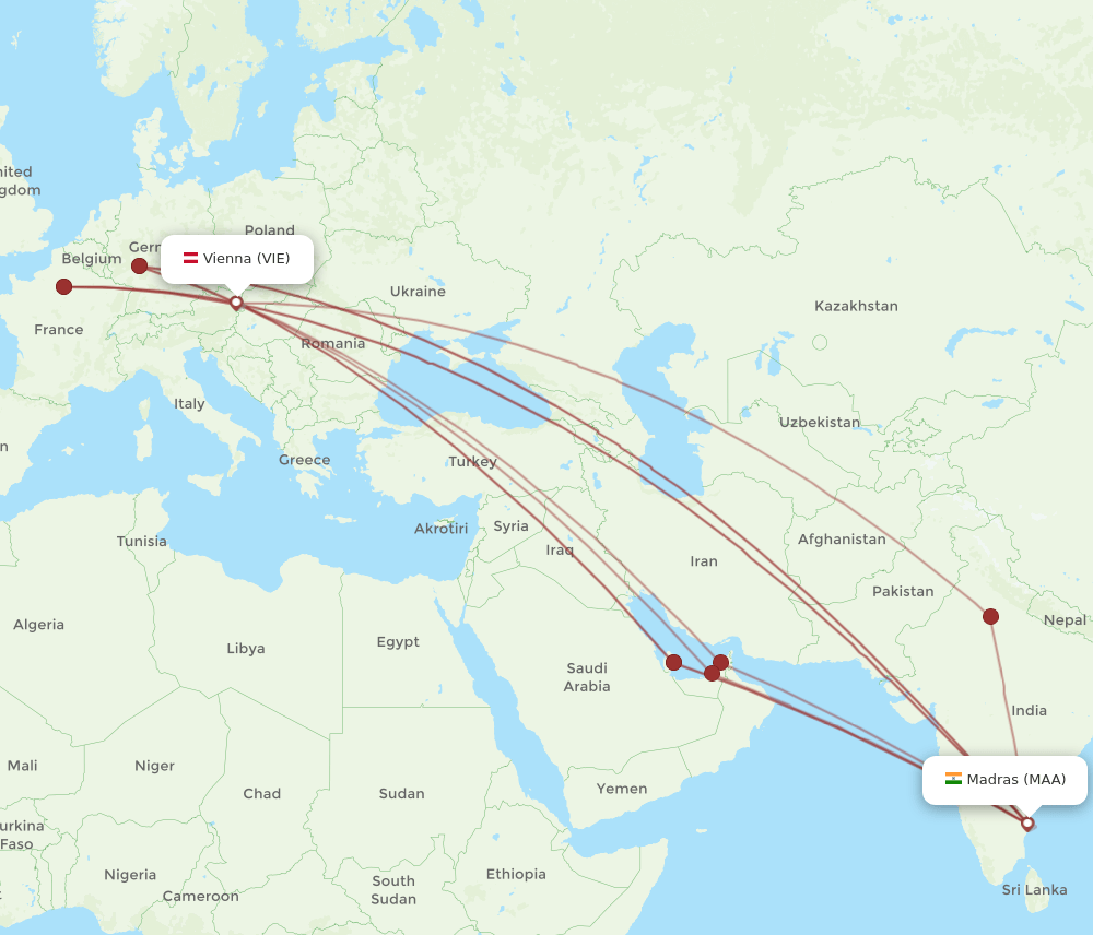 MAA to VIE flights and routes map