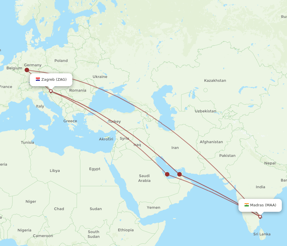Zagreb - Chennai route map and flight paths