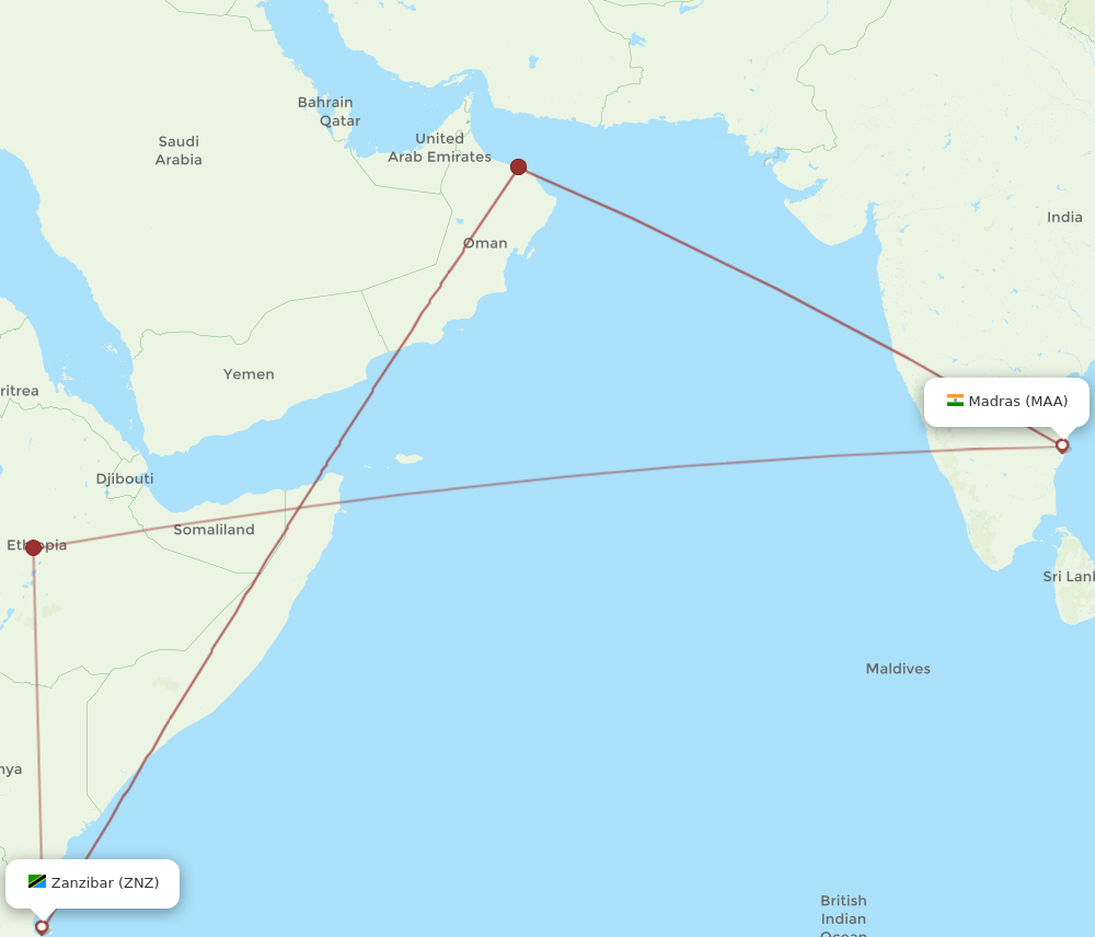 Zanzibar - Chennai route map and flight paths