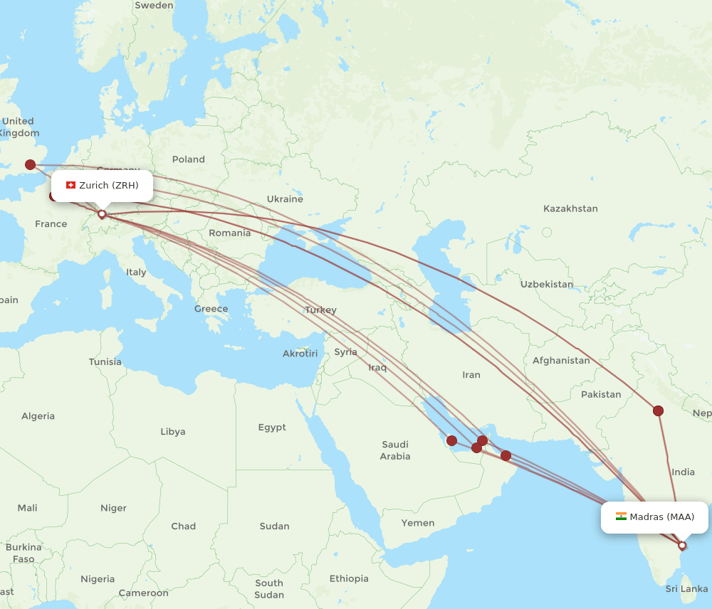 Zurich - Chennai route map and flight paths