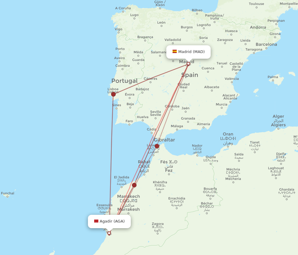 MAD to AGA flights and routes map