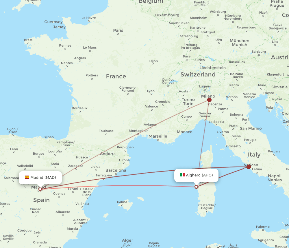 MAD-AHO flight routes