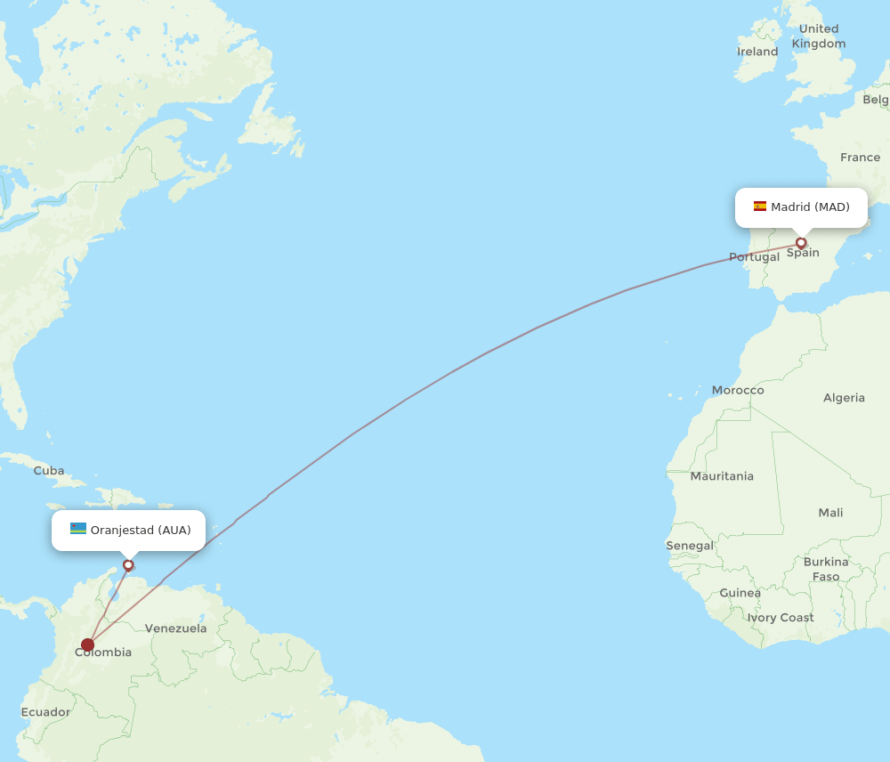 MAD to AUA flights and routes map