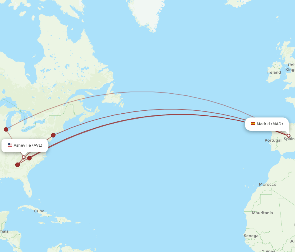 MAD to AVL flights and routes map