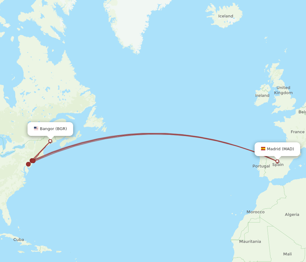 MAD to BGR flights and routes map