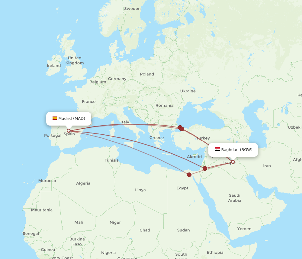 MAD-BGW flight routes