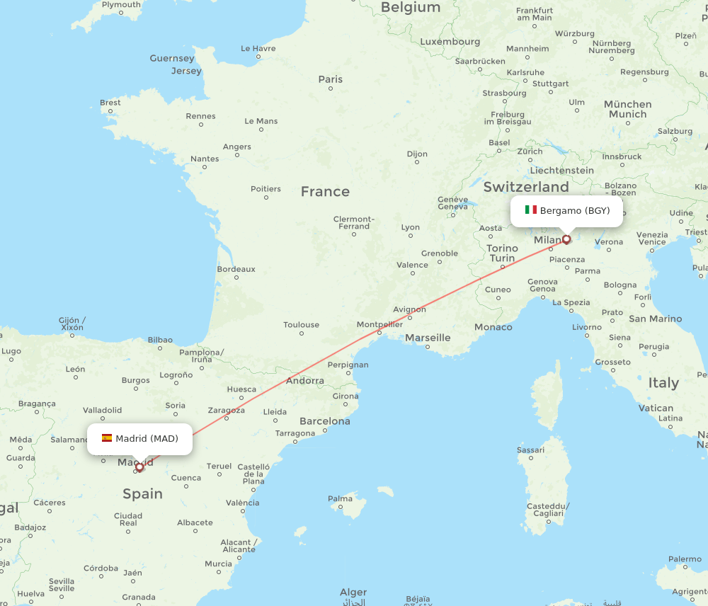 Madrid - Milan route map and flight paths