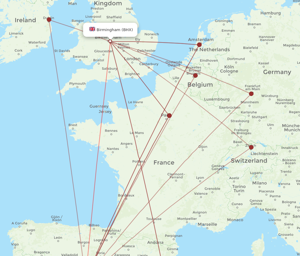 MAD to BHX flights and routes map