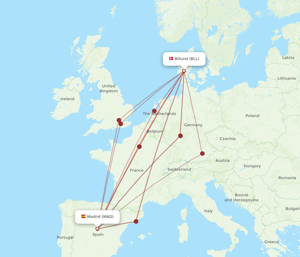 MAD to BLL flights and routes map