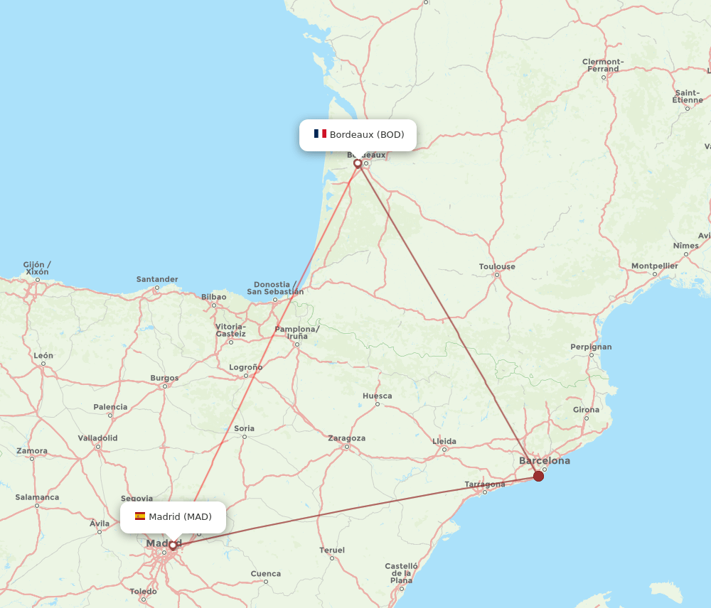 Madrid - Bordeaux route map and flight paths