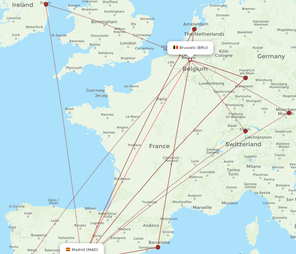 MAD to BRU flights and routes map
