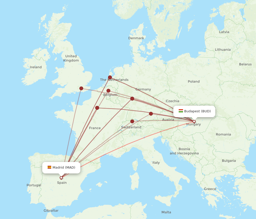 MAD to BUD flights and routes map