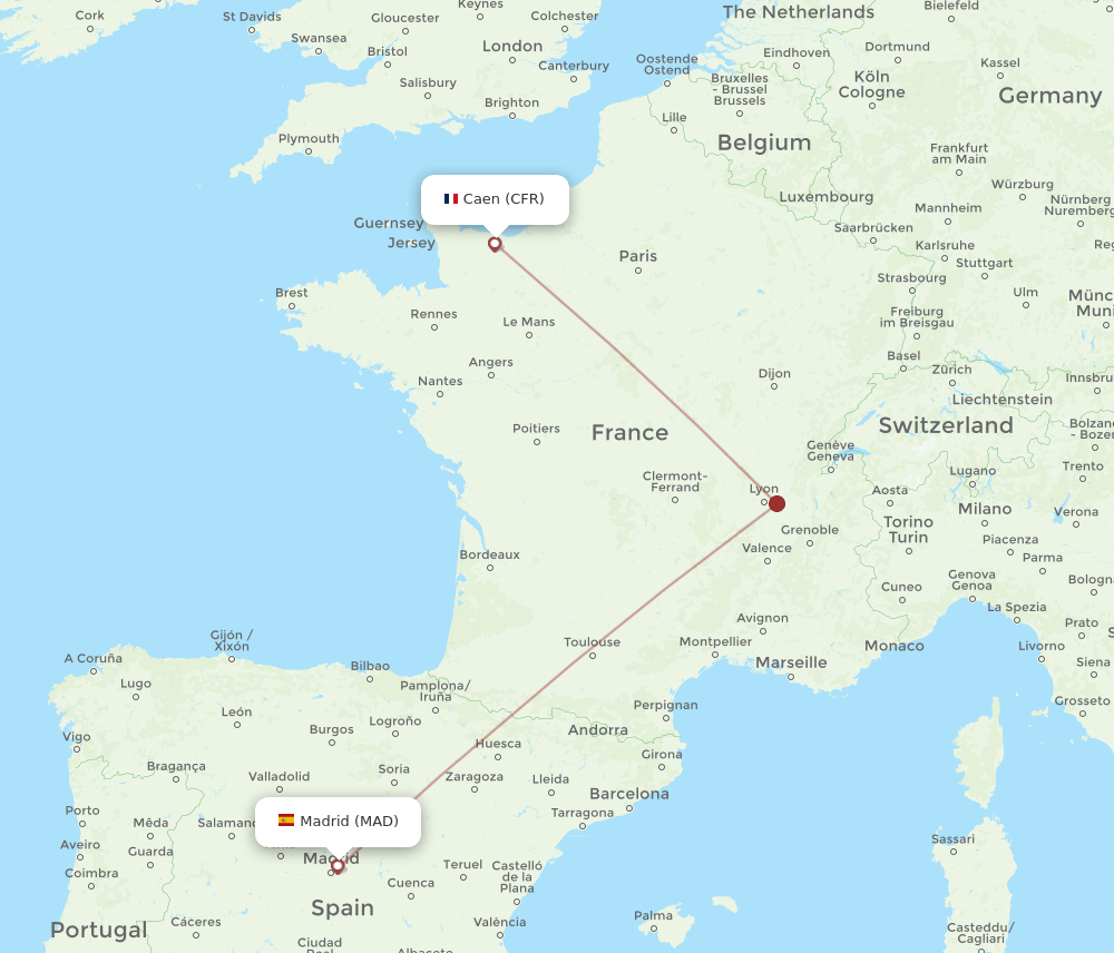Caen - Madrid route map and flight paths