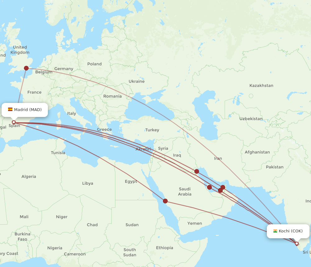 MAD-COK flight routes