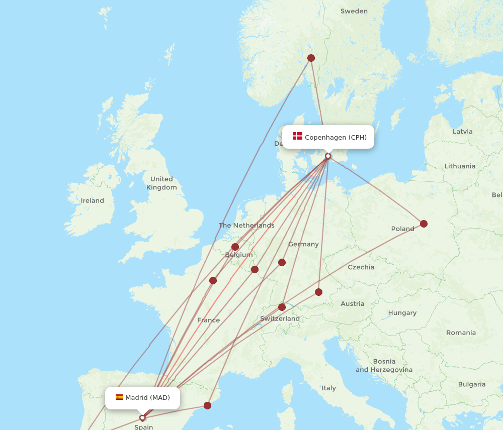 MAD to CPH flights and routes map