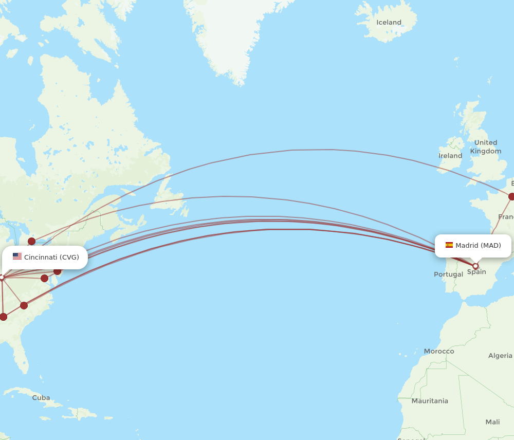 MAD to CVG flights and routes map