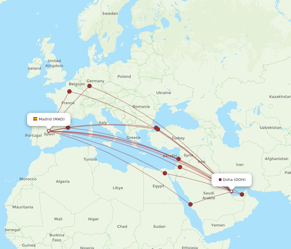 MAD to DOH flights and routes map