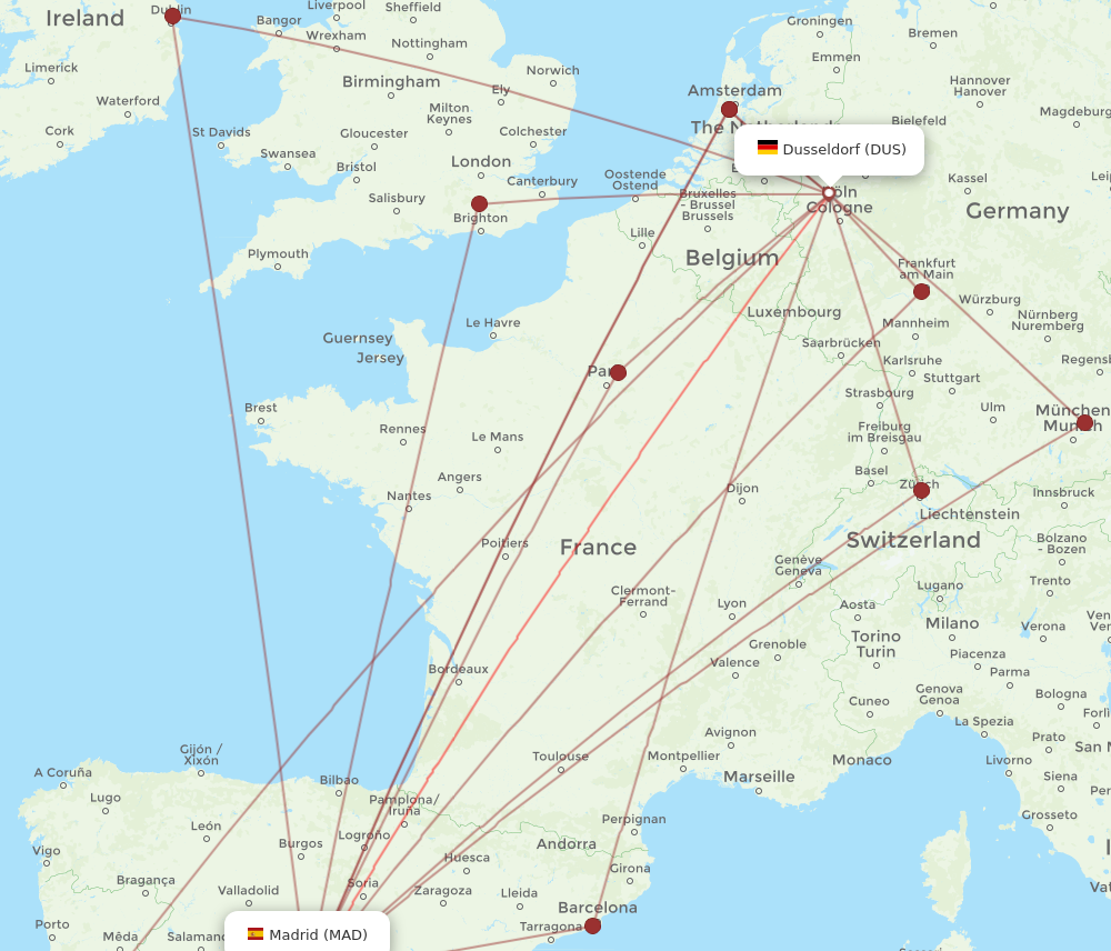 MAD to DUS flights and routes map